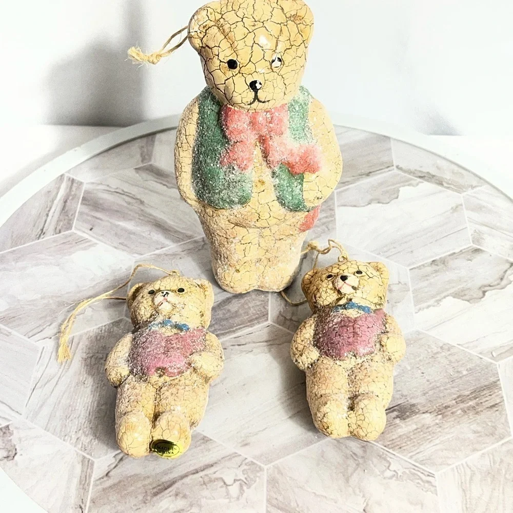 Vintage Crackle Teddy Bear Figurines Set of 3 Rustic Christmas Decor
